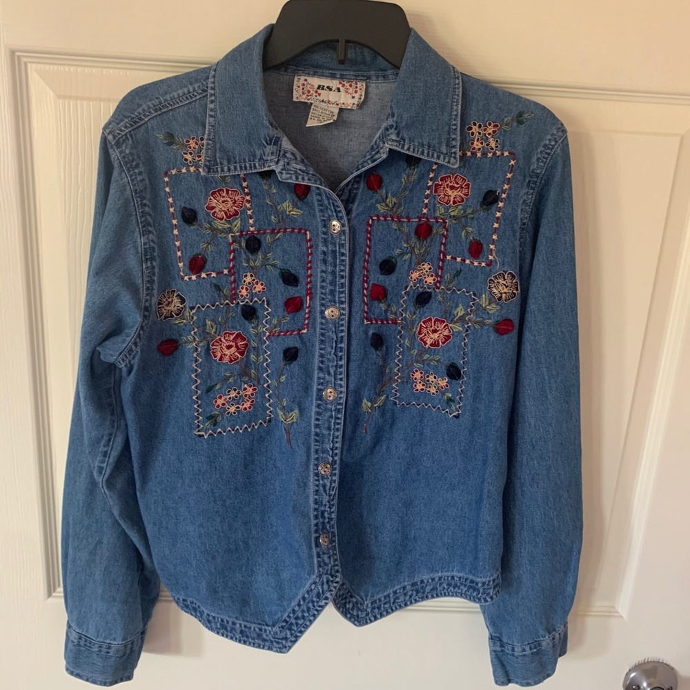 Vintage 90s Embroidered Floral Denim Shirt Jacket Womens L Tie Back Boho Western